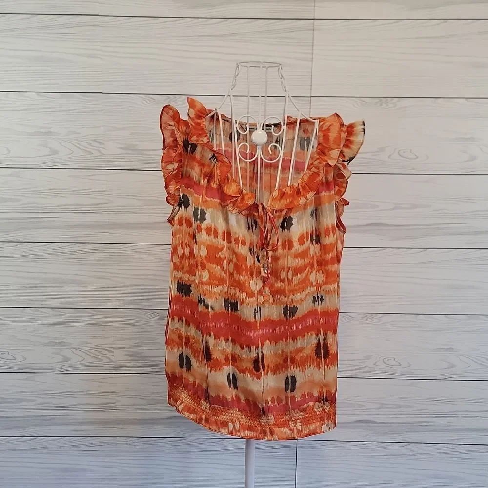 Larry Levine Signatur Orange Sleeveless Ruffle Top Womens Size L